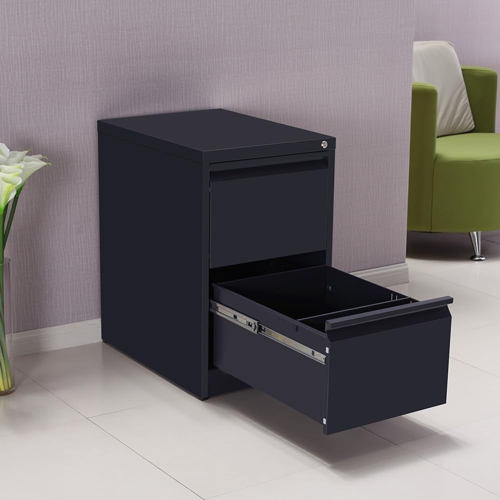 Black Metal Filing Cabinet 2 Drawer Lockable Office Storage Heavy Duty
