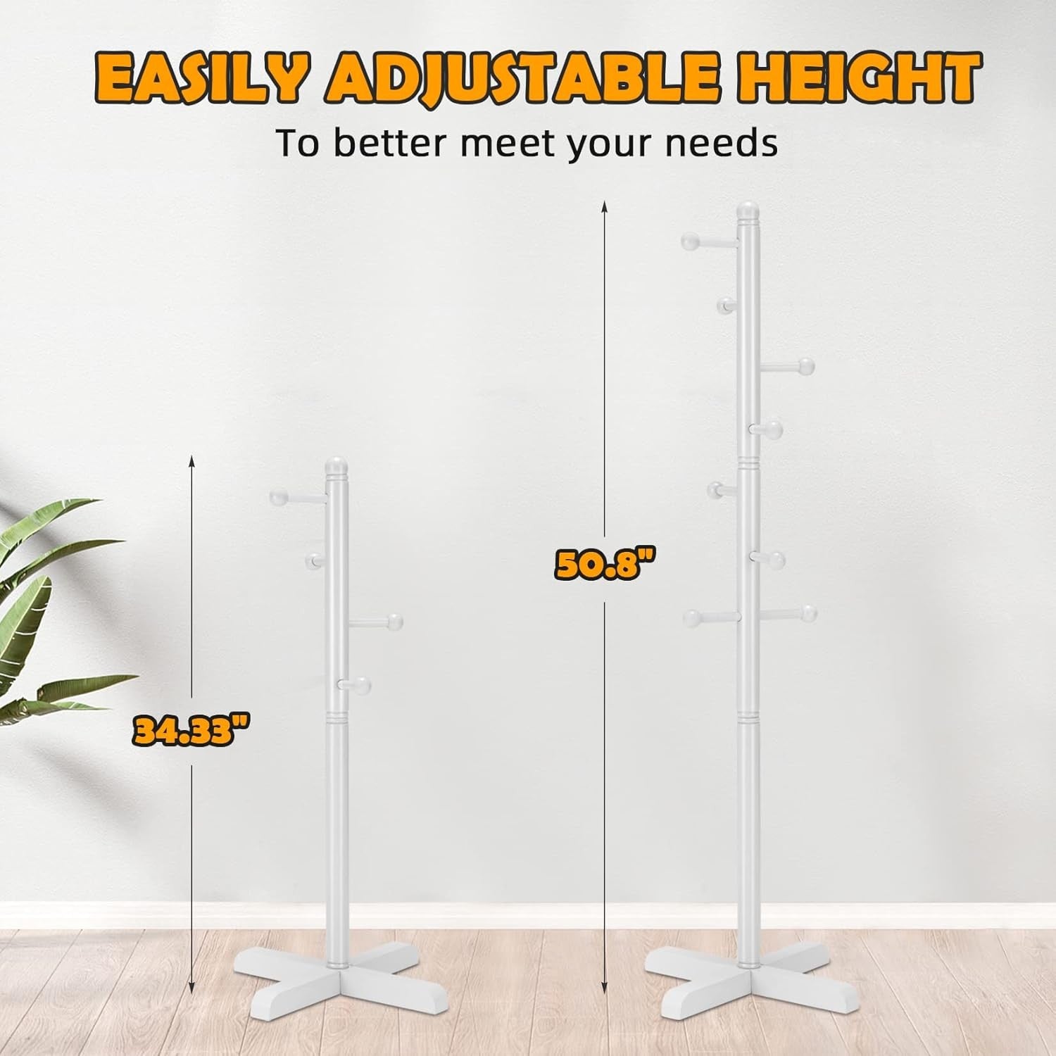 Kids White Wooden Coat Rack | 8 Hooks Adjustable Freestanding Tree Stand