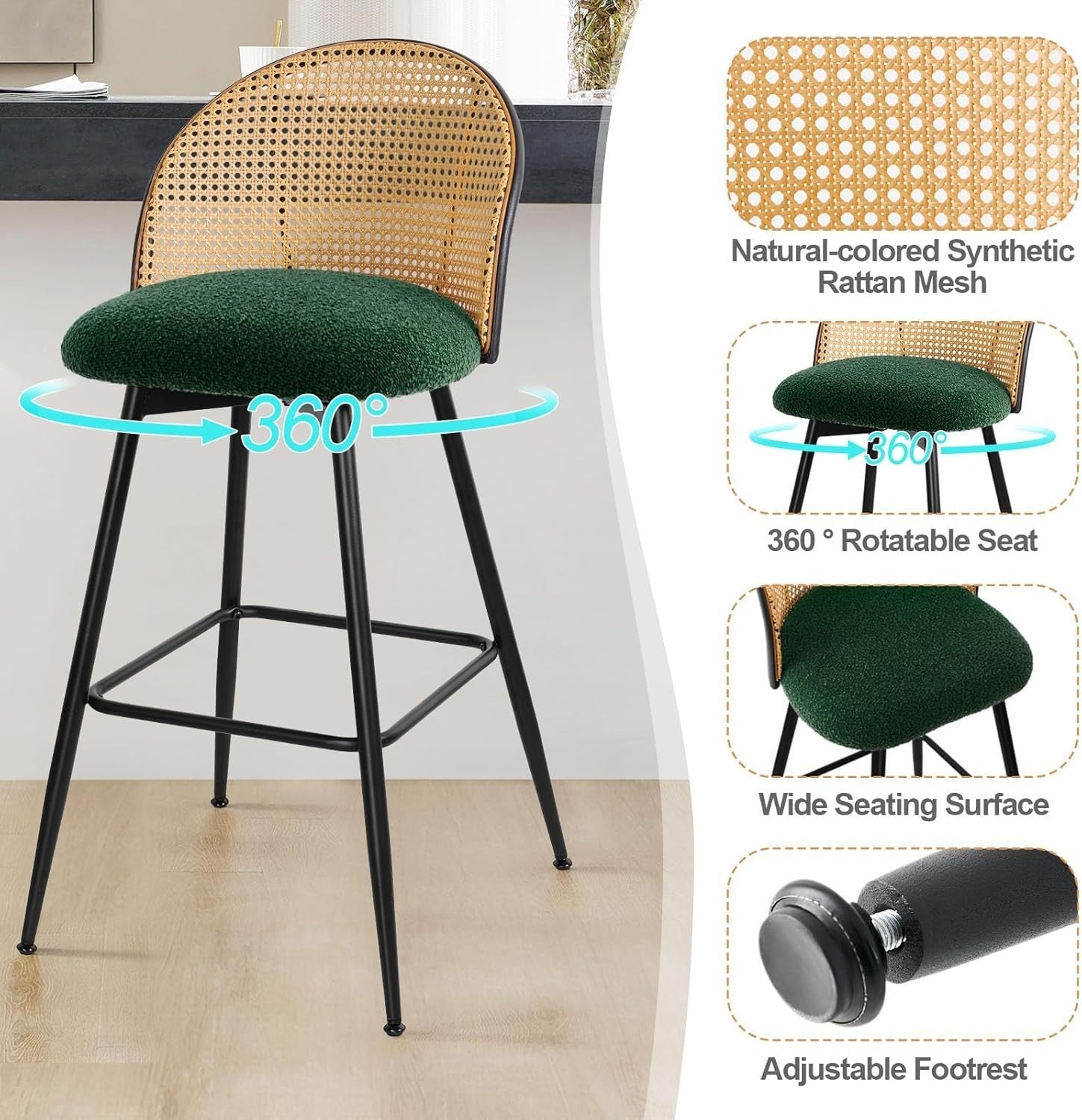 Set of 4 Swivel Bar Stools Rattan Back Upholstered Counter Height Kitchen Seats