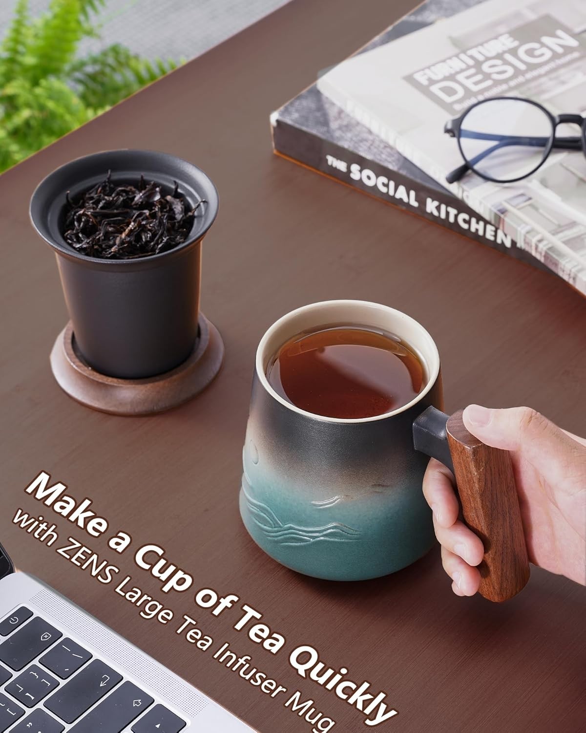 Ceramic Tea Mug 430ml with Infuser Lid & Wood Handle Loose Leaf Cup