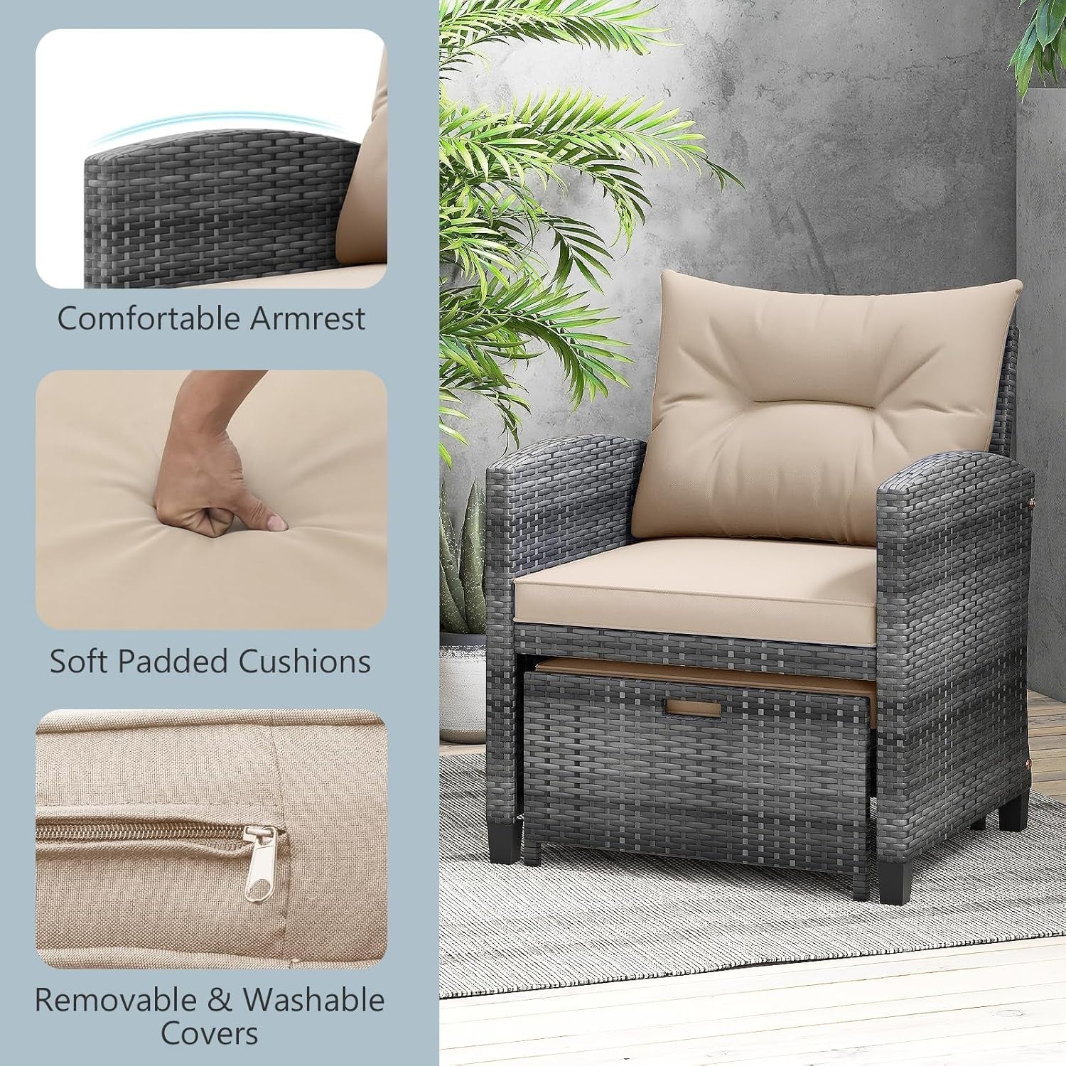 5 Piece Rattan Garden Sofa Set with Removable Cushions Patio Conversation