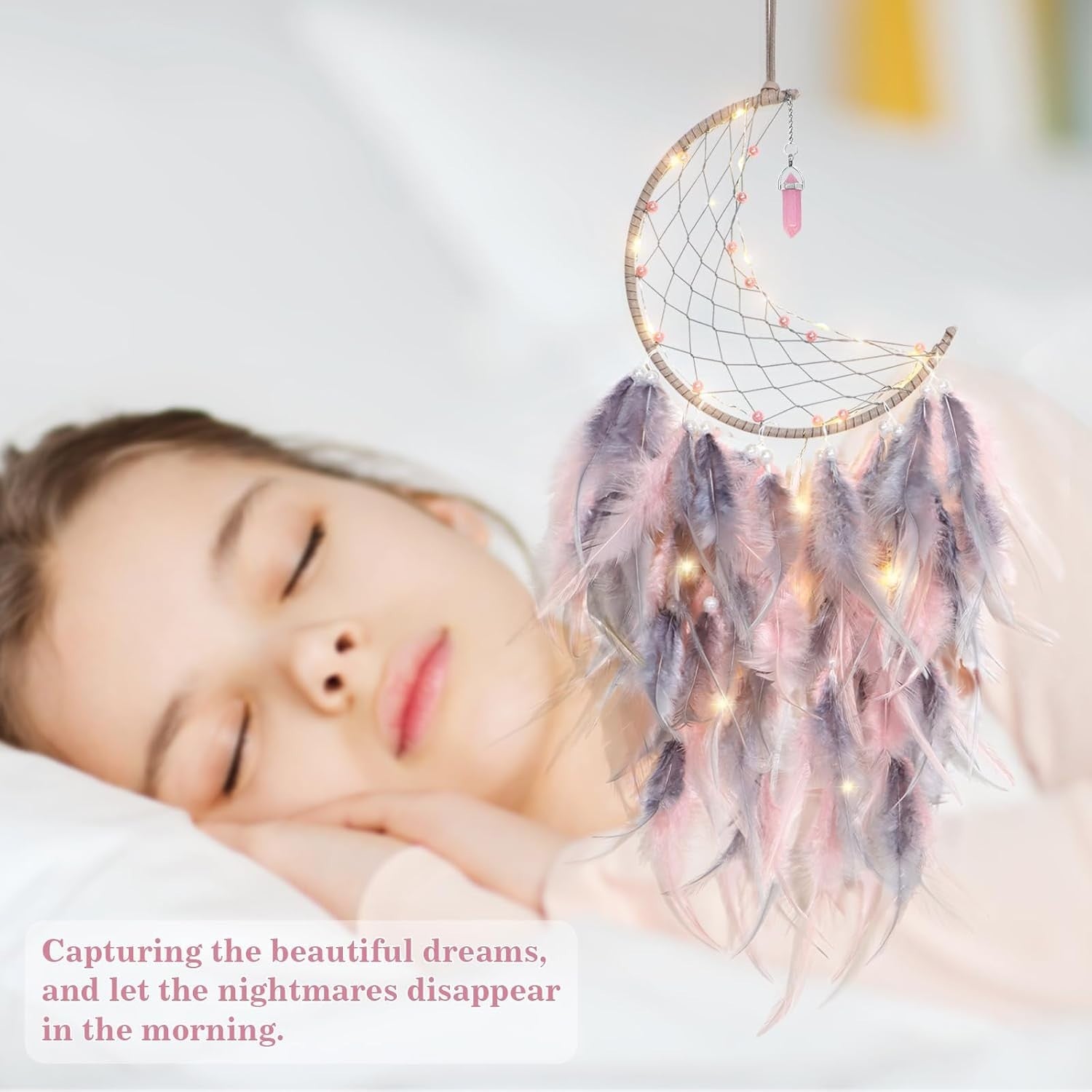 Boho Moon Dream Catcher Pink Grey Feathers Fairy Lights Wall Decor