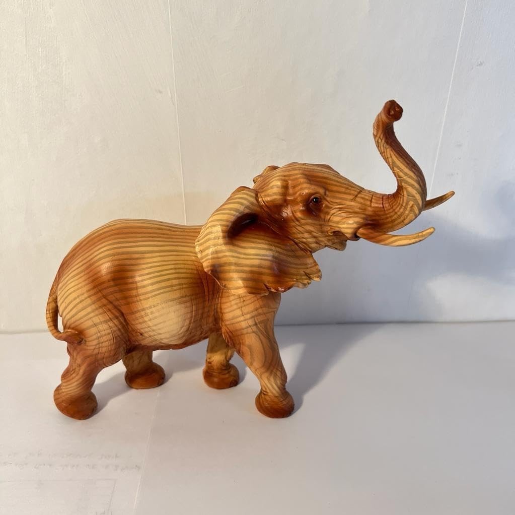 Wood Effect Elephant Ornament | Resin Wildlife Decor | Raised Trunk Figurine