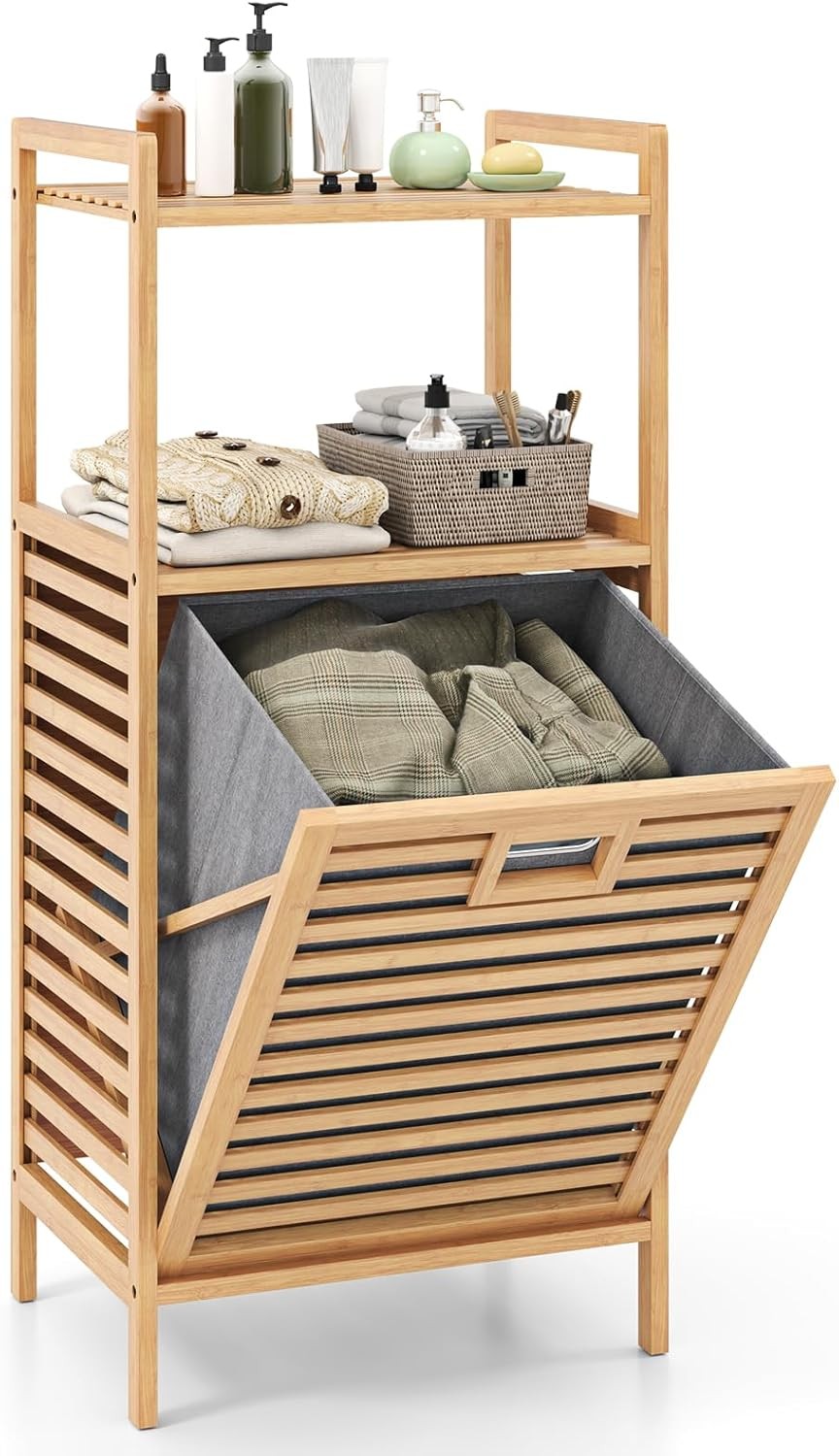 Bamboo Laundry Hamper Cabinet Tilt Out Storage Shelf with Removable Bag
