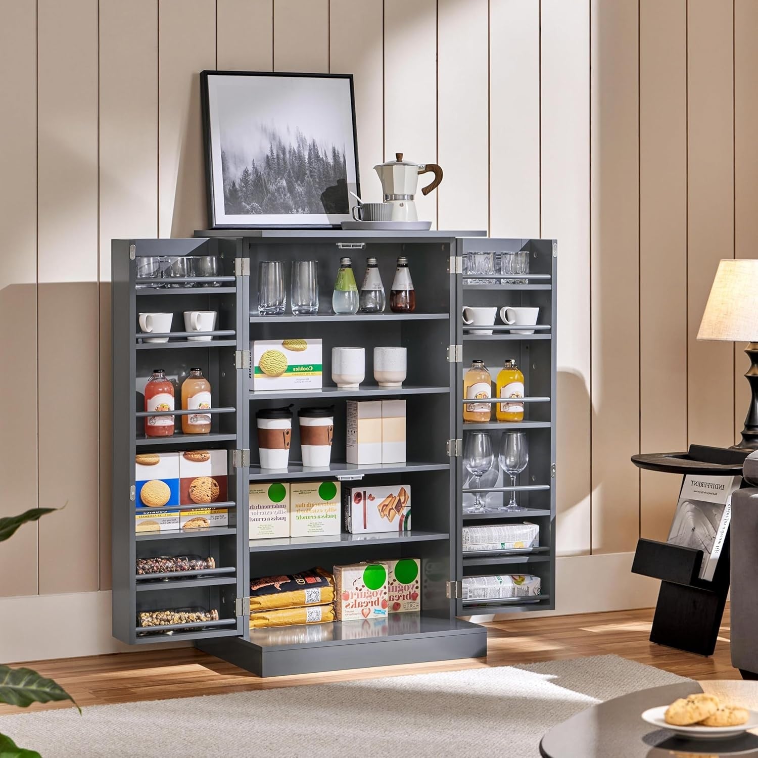 Dark Grey Kitchen Cupboard 6 Shelf Wooden Pantry Storage Cabinet Unit
