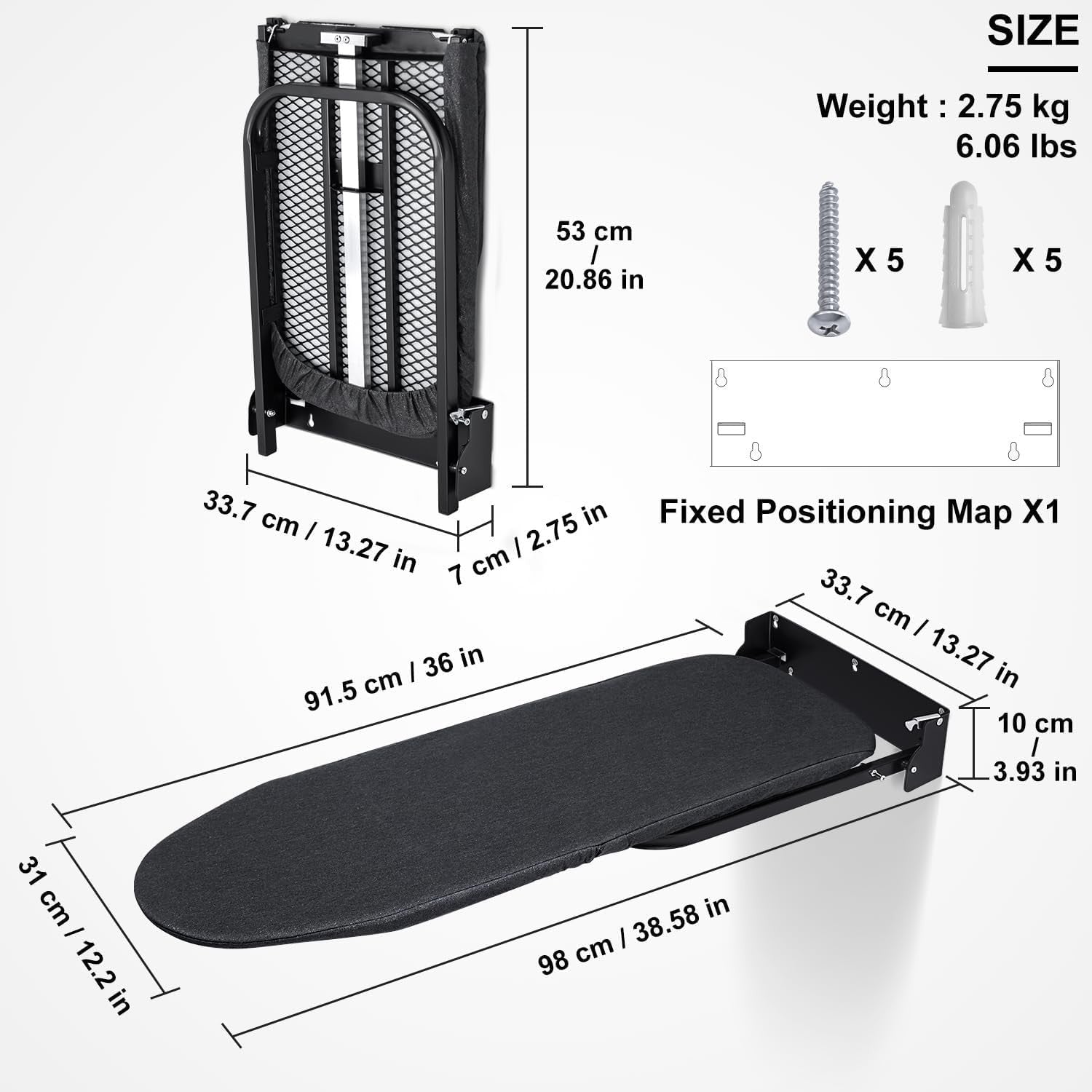 Wall Mounted Folding Ironing Board Cabinet Space Saving Fold Down Design