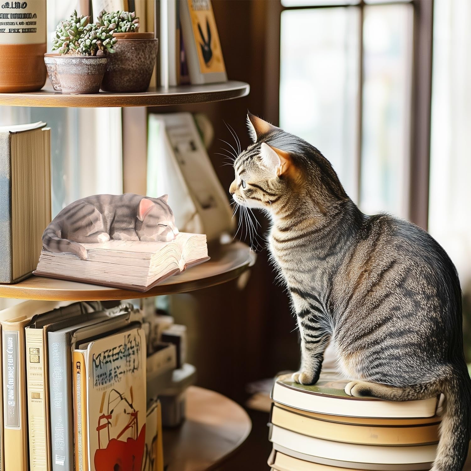 Sleeping Cat Figurine on Book with Bookmark | Cute Cat Lover Gift Home Decor