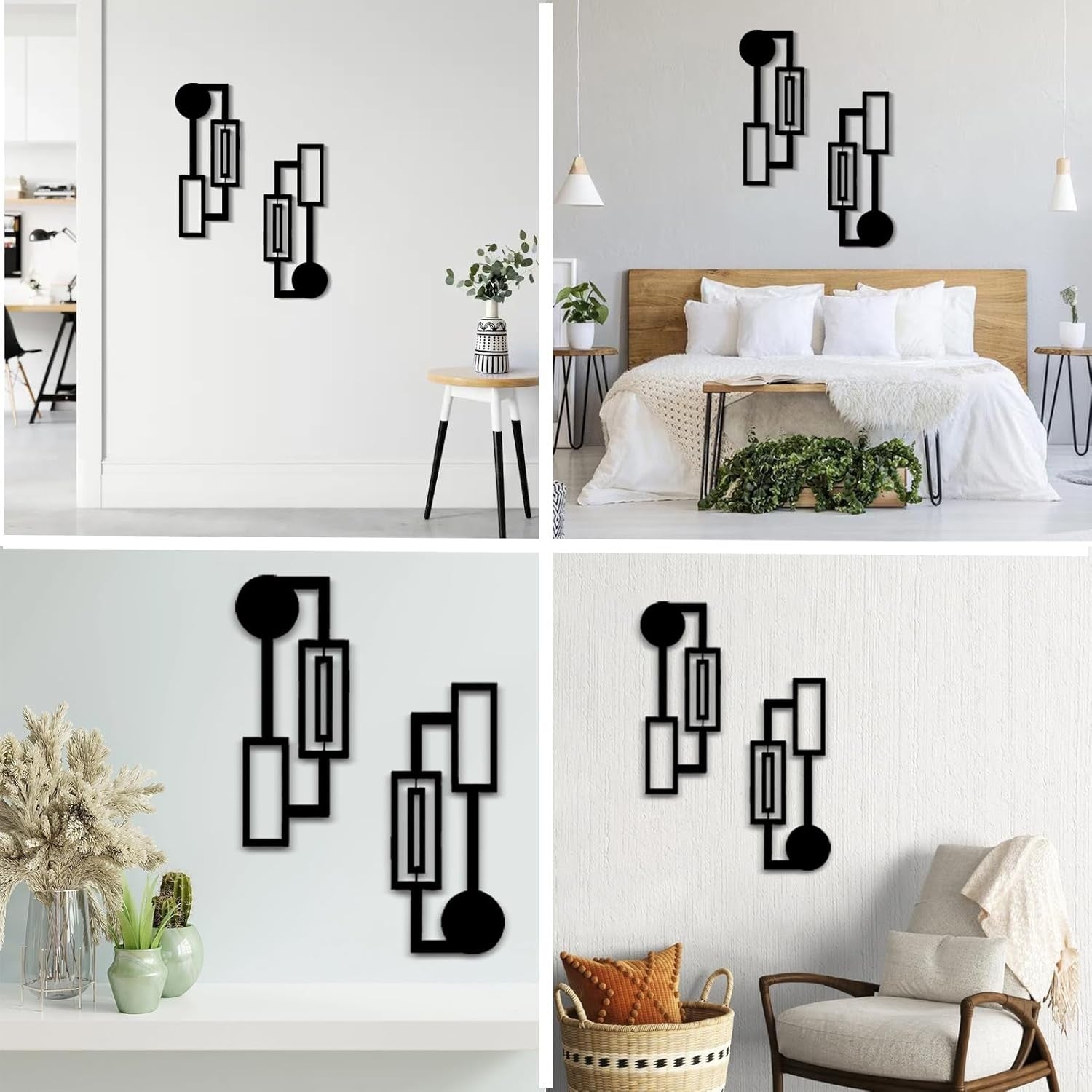 Black Abstract Metal Wall Art Set of 2 3D Geometric Decor