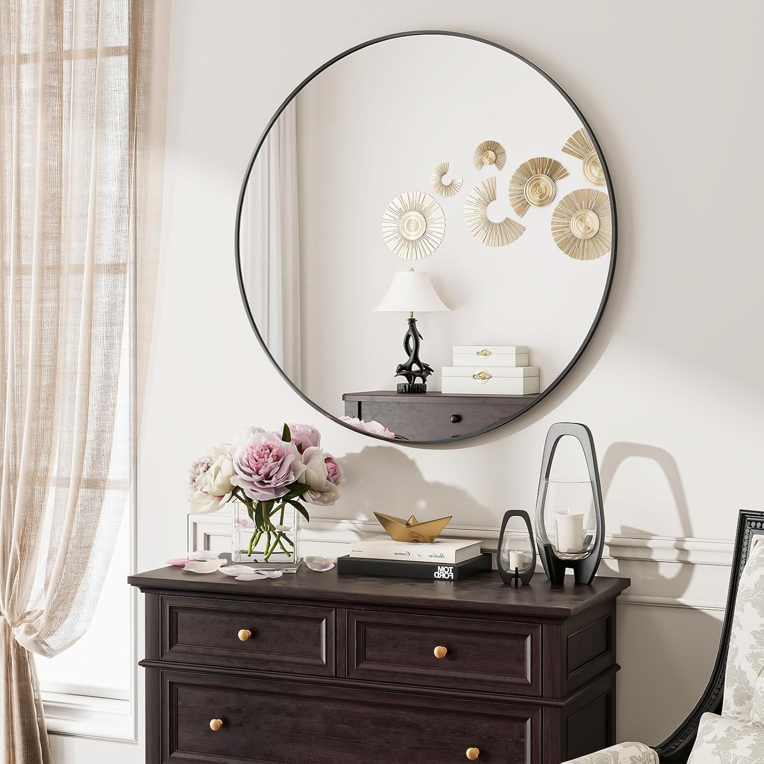 Black Round Wall Mirror 76cm with Aluminum Frame & Easy Wall Mount