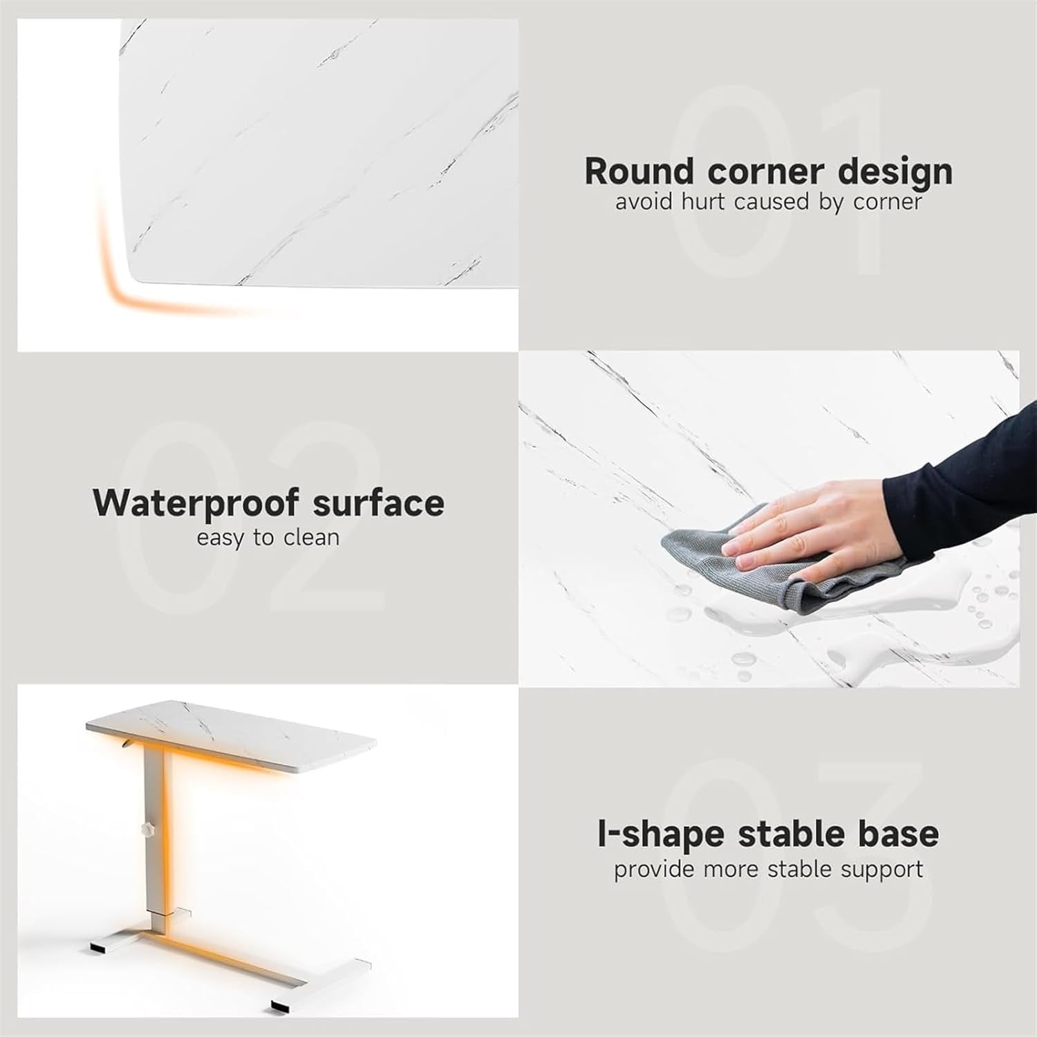 Overbed Table Adjustable Height Laptop Desk C Shaped Rolling Marble 80x40cm