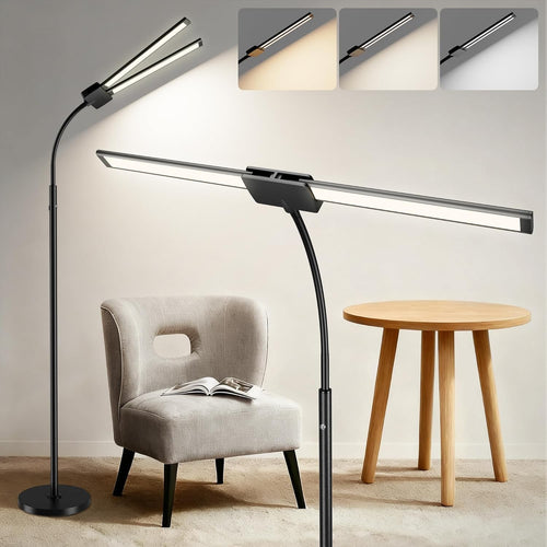 Cordless LED Floor Lamp Black Rechargeable Dual Head Dimmable Reading Light