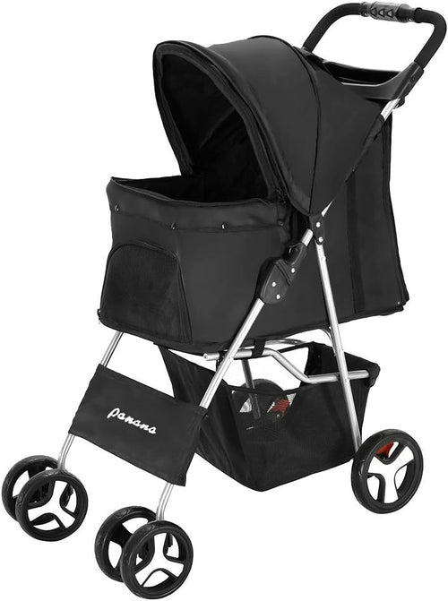 Pet Stroller Pushchair Folding 4 Wheel Dog Cat Pram Travel Carrier Black