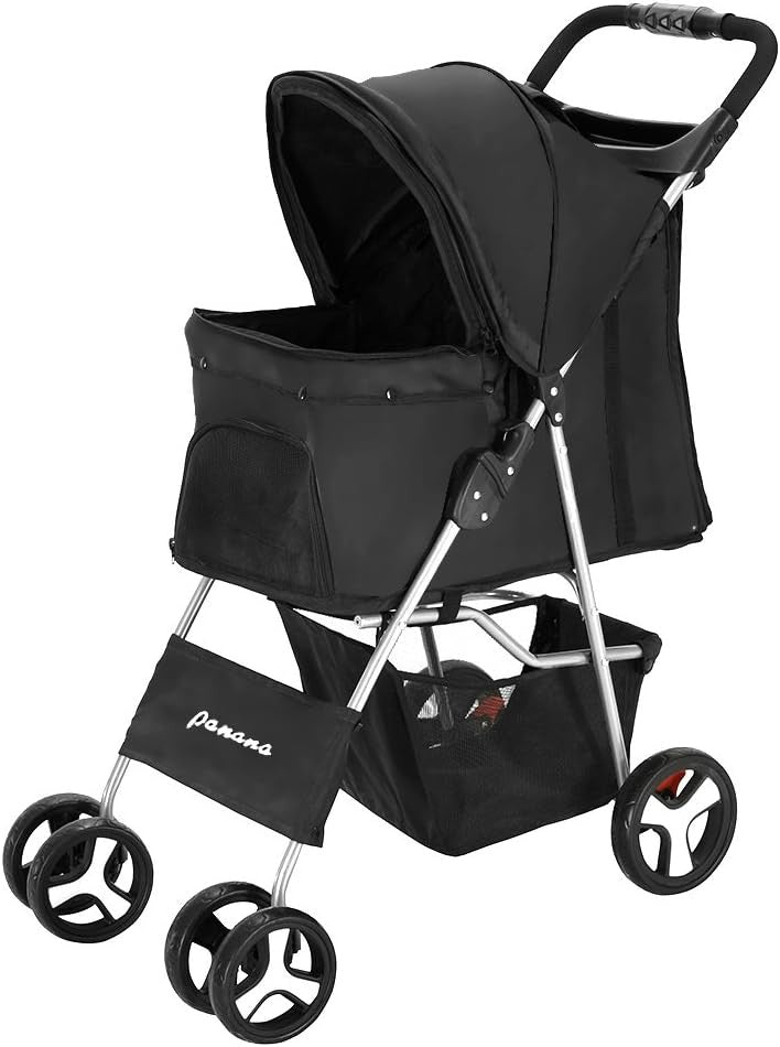 Pet Stroller Pushchair Folding 4 Wheel Dog Cat Pram Travel Carrier Black