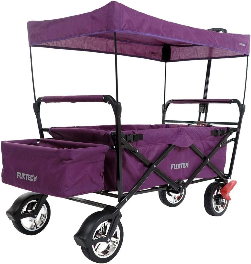 Purple Kids Folding Wagon Push Pull Stroller Cart w/ Canopy & Storage Bag
