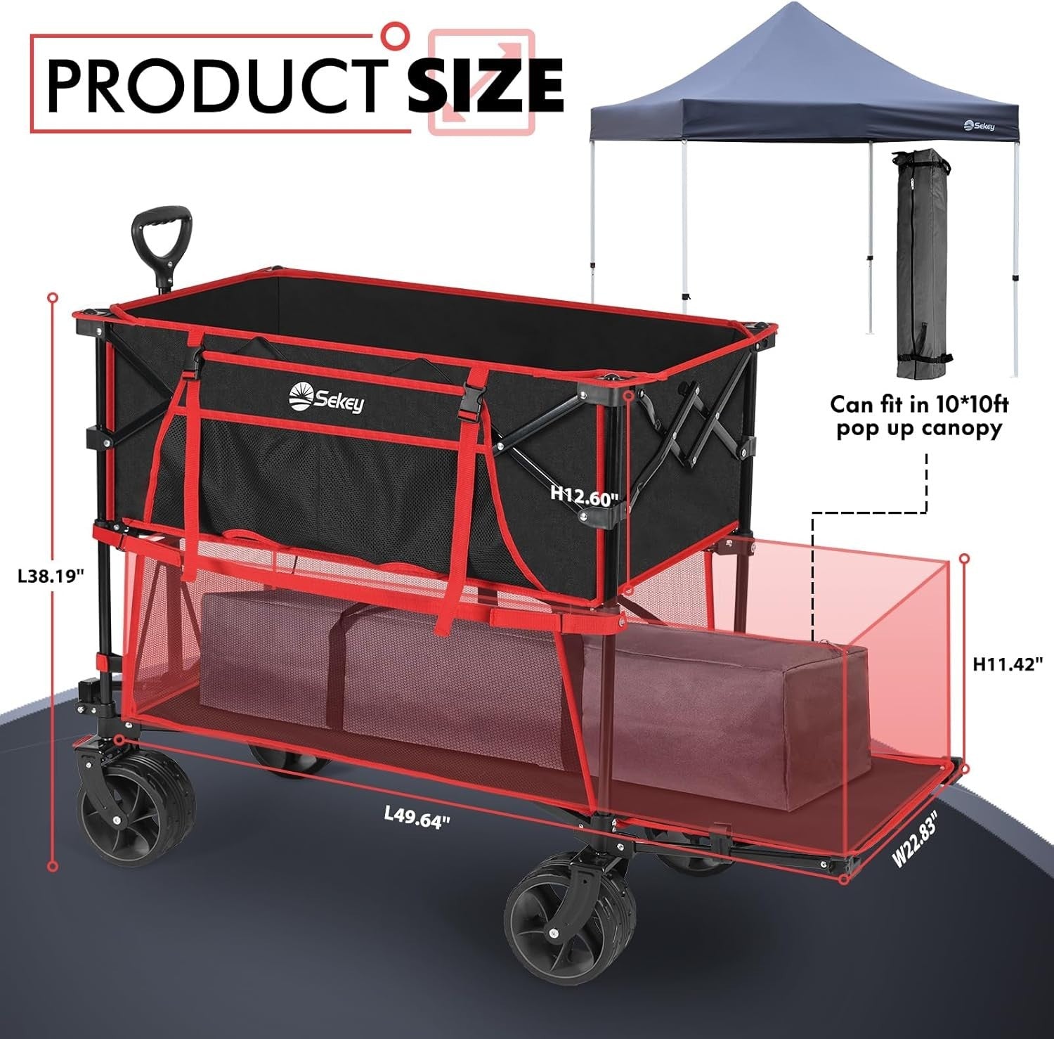 Red Black 400L Double Decker Folding Wagon Extra Long 450lbs All-Terrain Cart