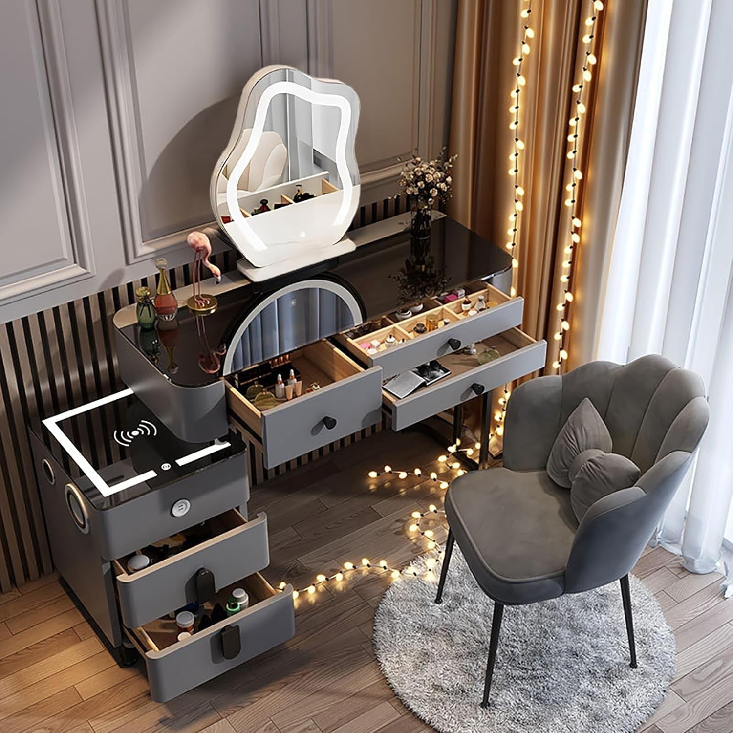 Makeup Vanity Set w/LED Touch Mirror & Bluetooth Speaker USB Charger Grey