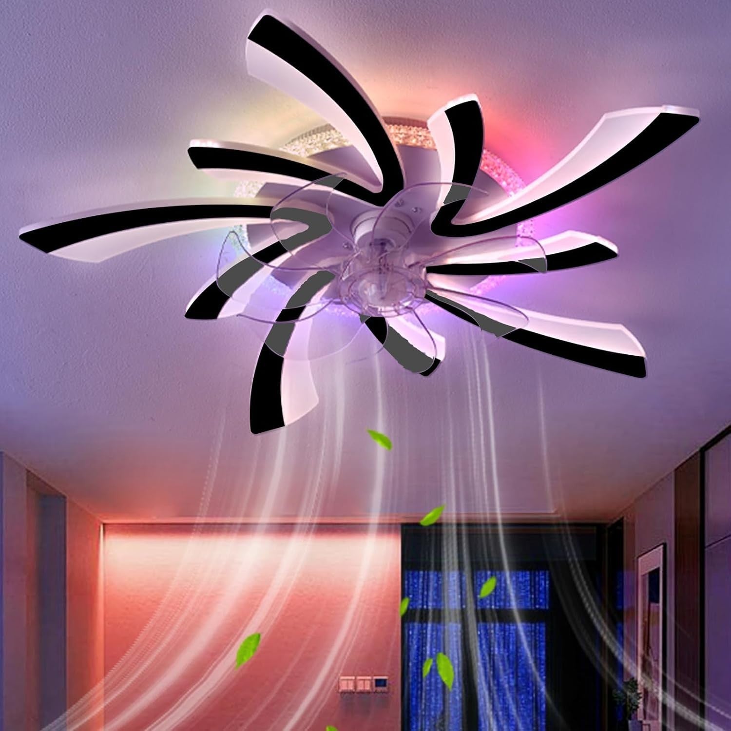 GWYAJTU RGB Ceiling Fan with Light, Remote, 6-Speed Silent DC Motor – Black