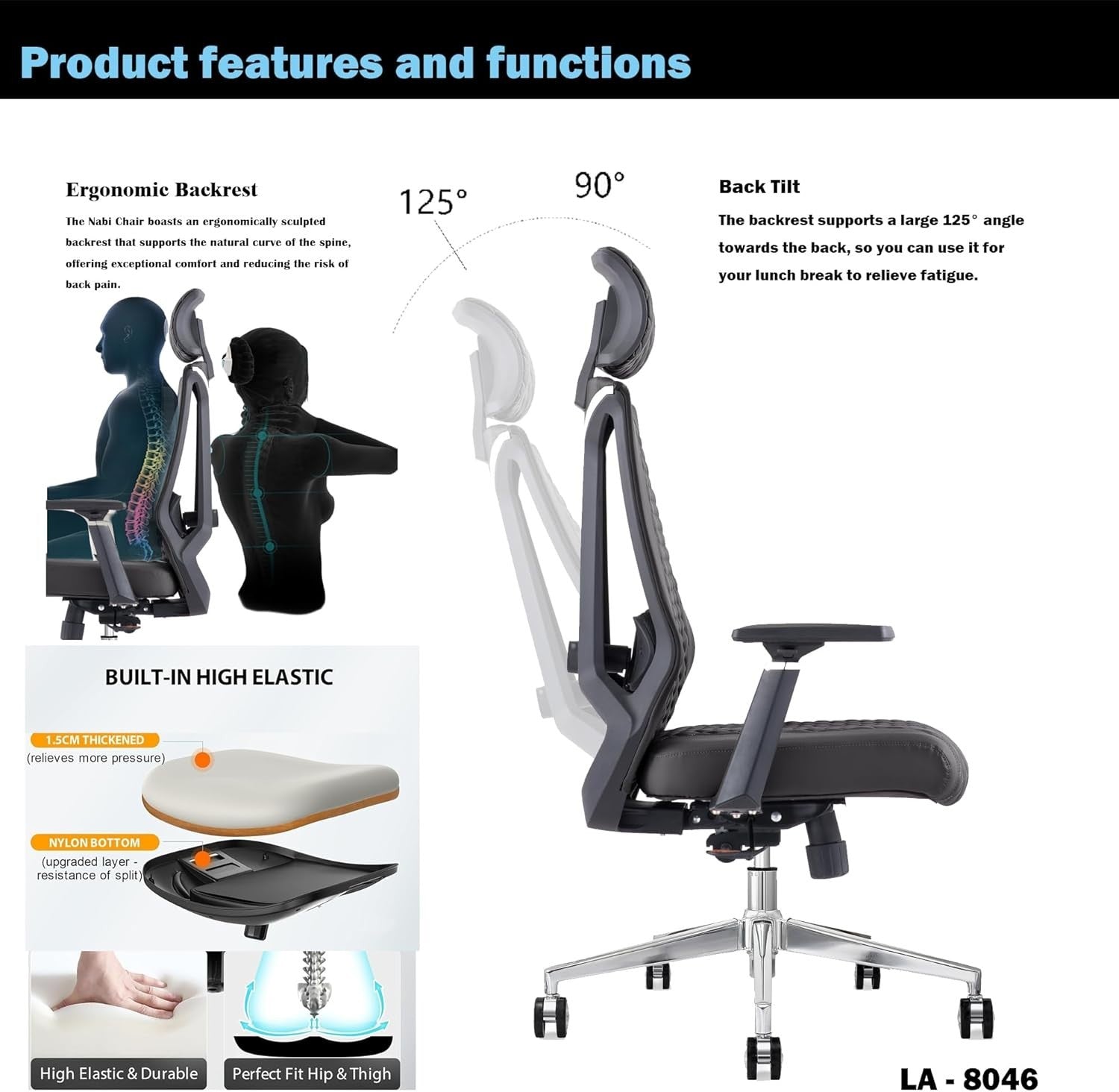 High Back Ergonomic Office Gaming Chair Adjustable Recline Faux Leather Black