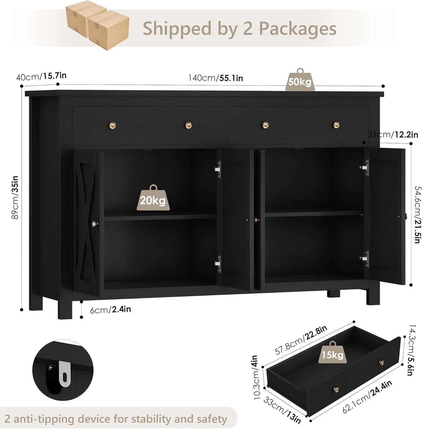 Black  Kitchen Sideboard Cabinet 3 Doors 2 Drawers Adjustable Shelves Large