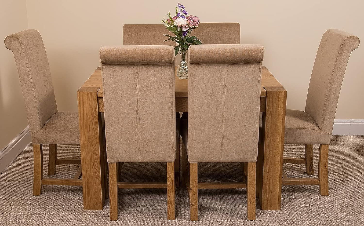 6 Beige Fabric Chairs Oak Dining Table Set Solid Wood 125x80cm Modern