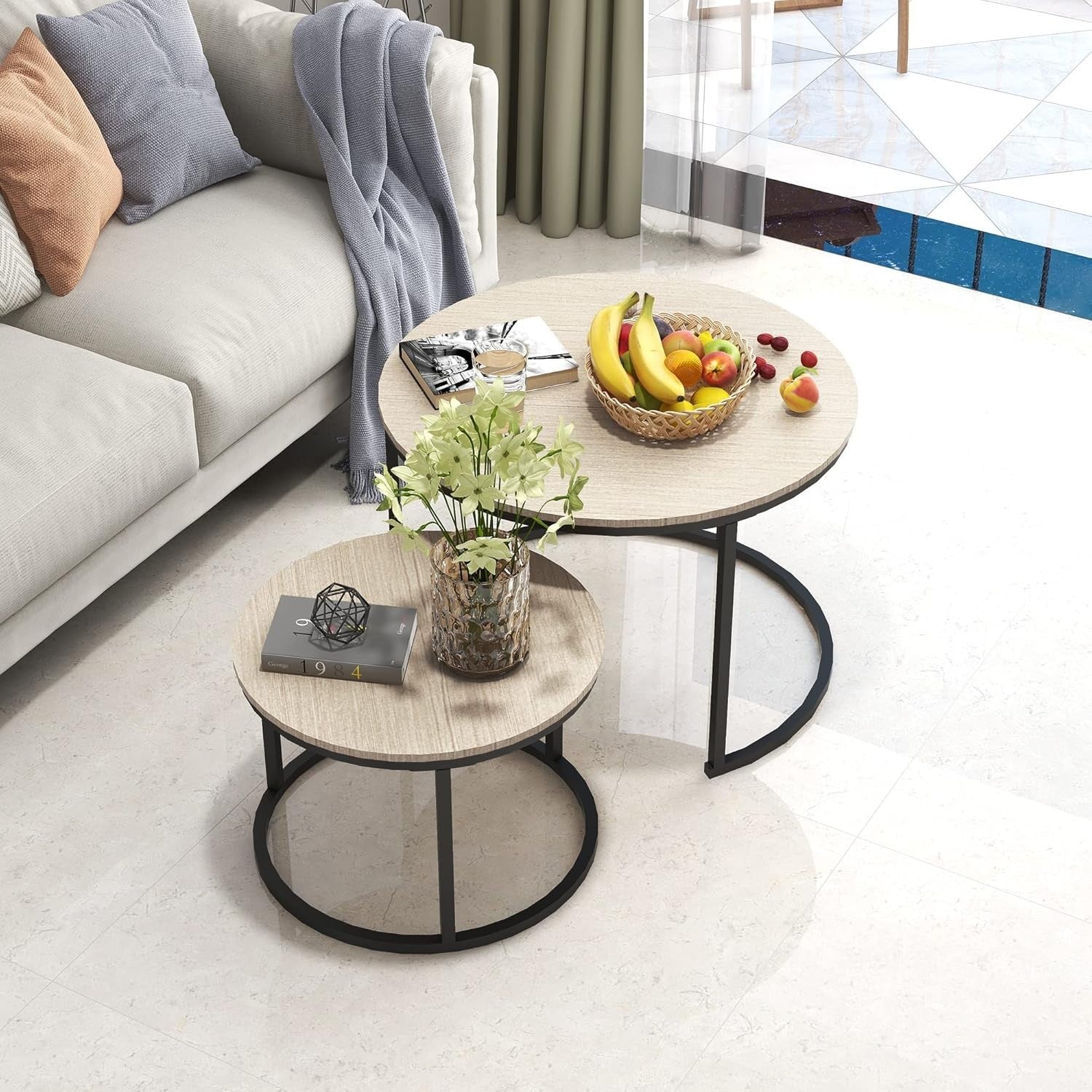 2-Piece Nesting Coffee Table Set Wood Metal Frame Small Space Living Room