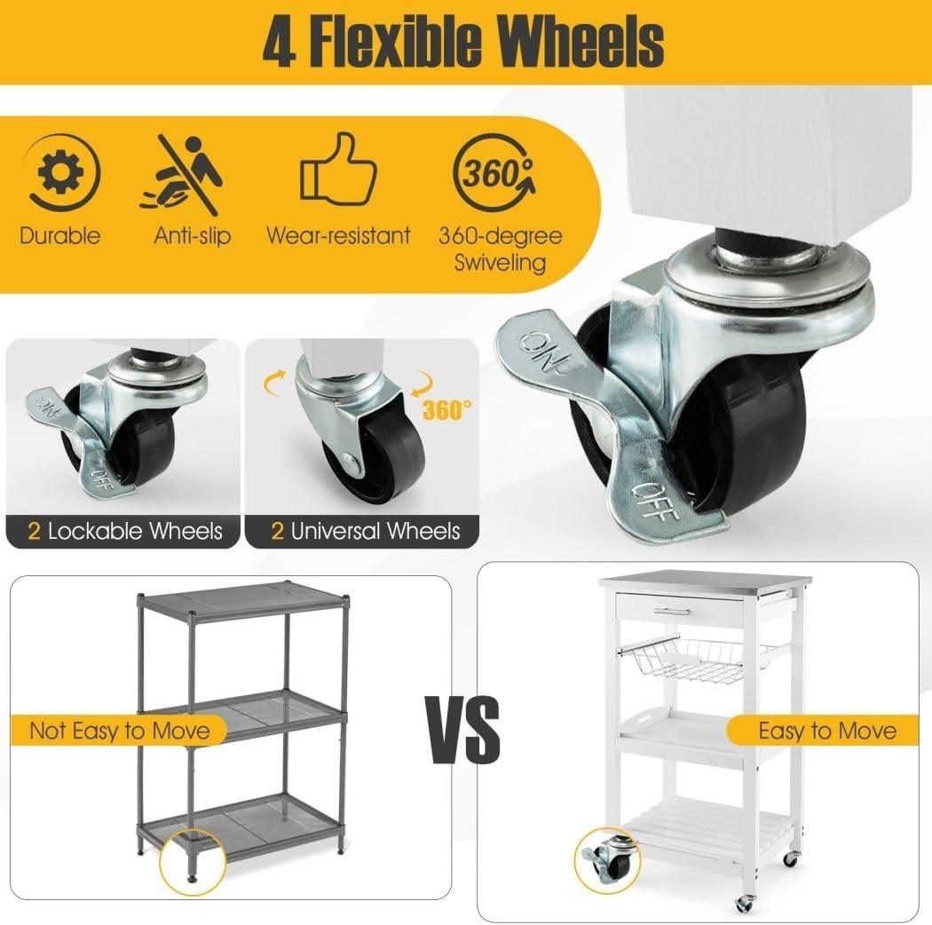 4 Tier Kitchen Trolley Stainless Steel Top Cart White