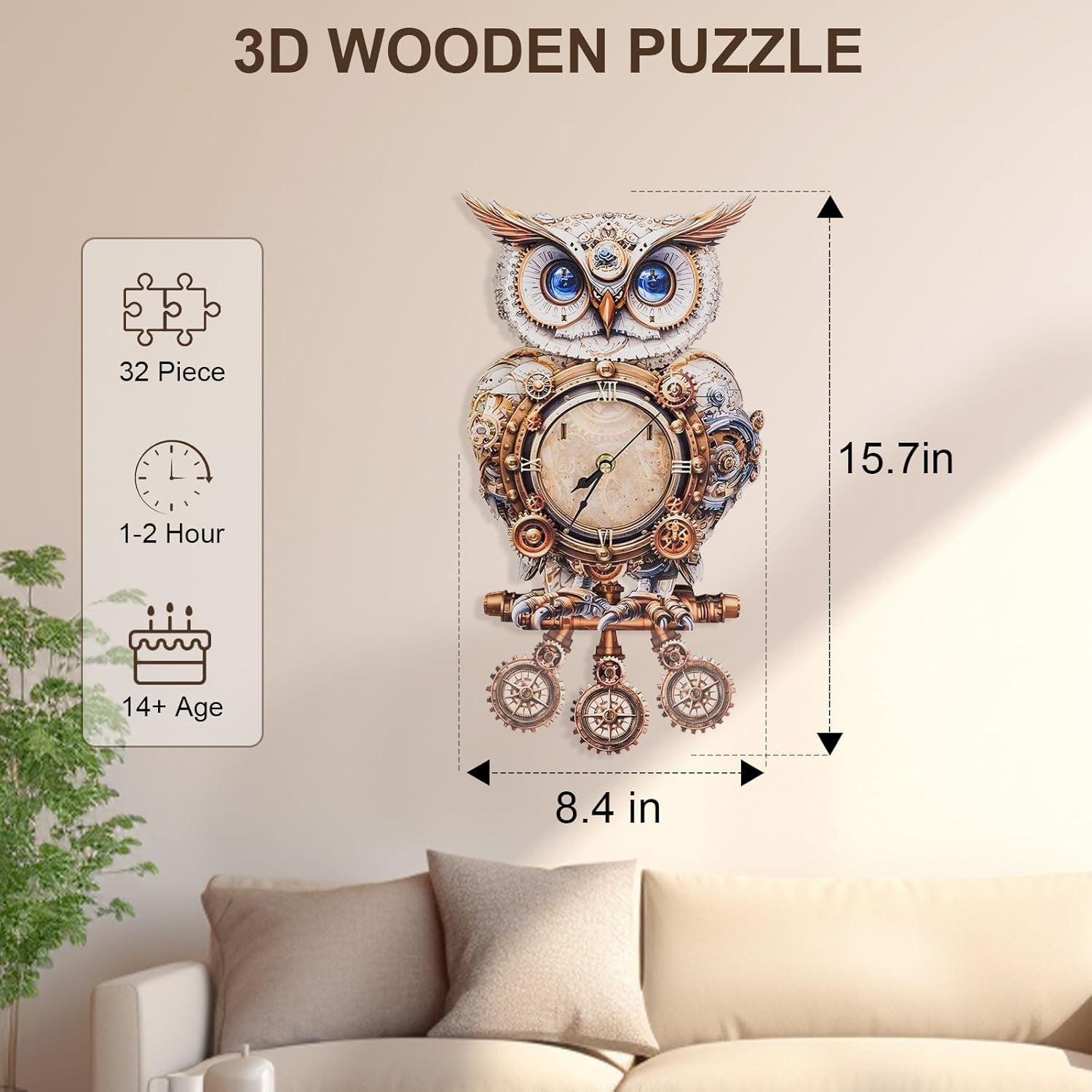 3D Wooden Owl Clock Puzzle for Adults DIY Wall Decor Gift with Pendulum