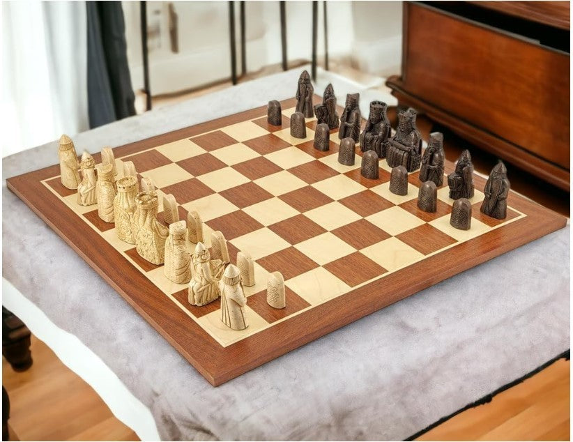 Luxury Isle of Lewis Chess Set 19" Mahogany Board & 8.5cm Stone Resin Pieces