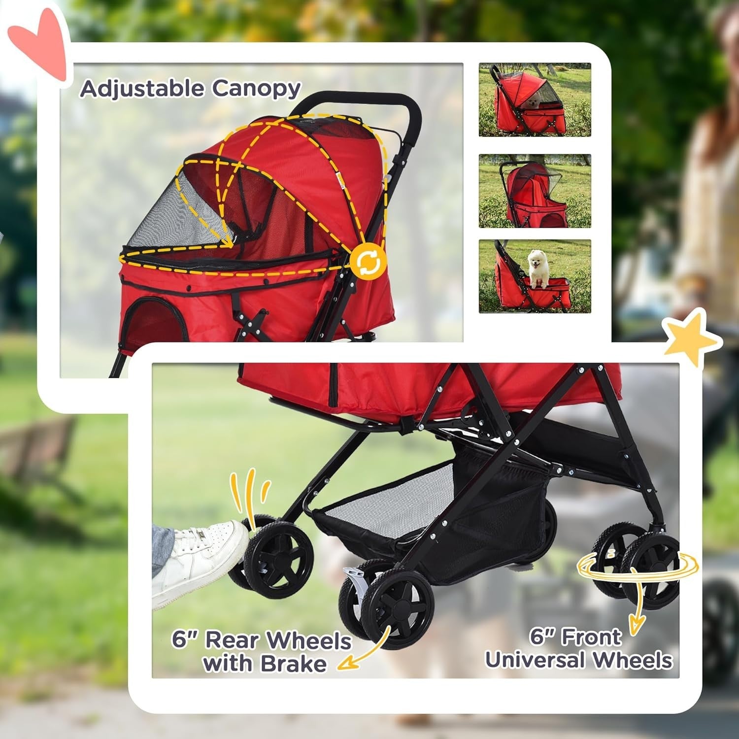 Red Foldable Dog Pushchair Reversible Handle Pet Stroller EVA Wheels
