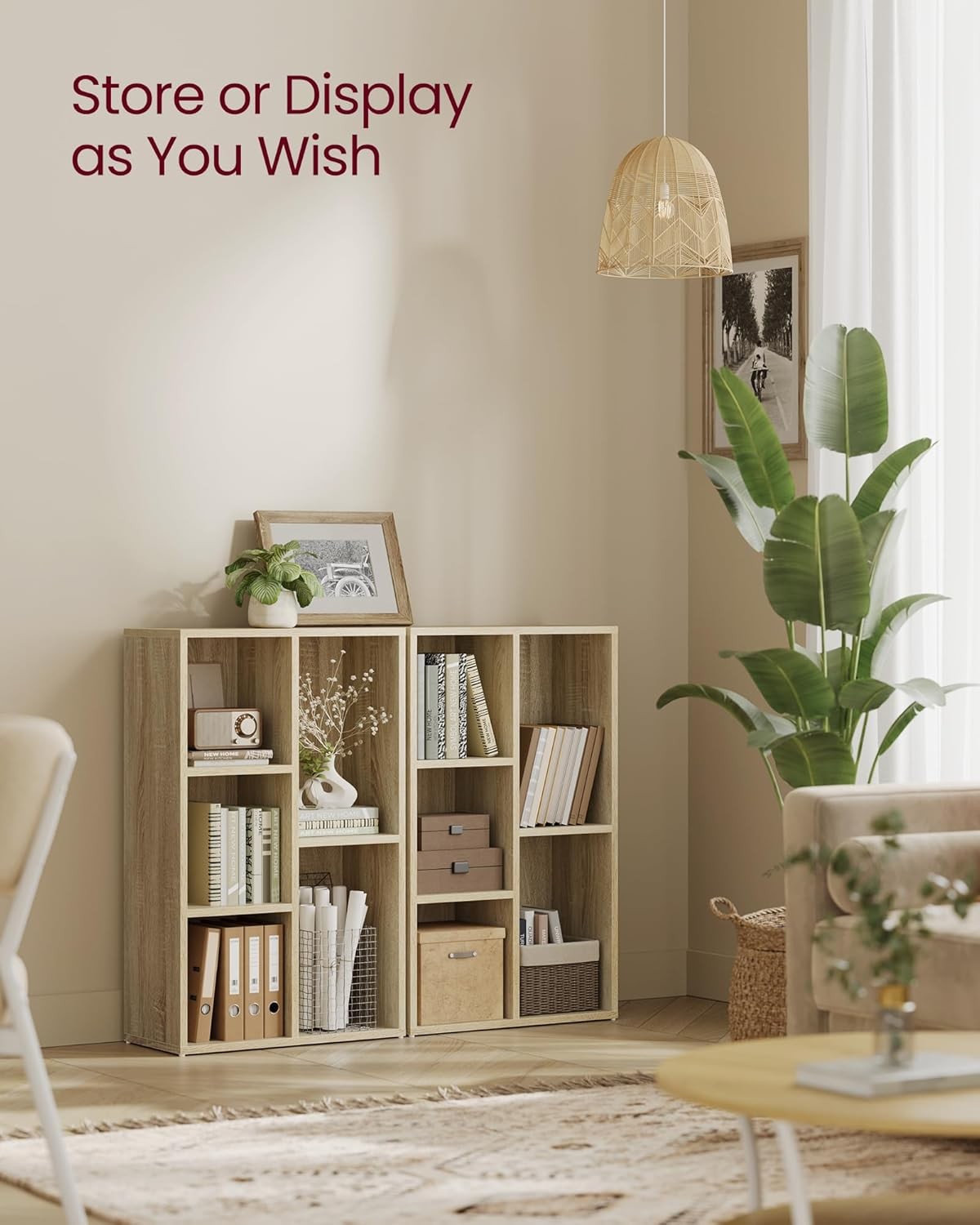 5-Compartment Oak Bookcase | Modern Storage Shelf Unit for Home Office Living Ro