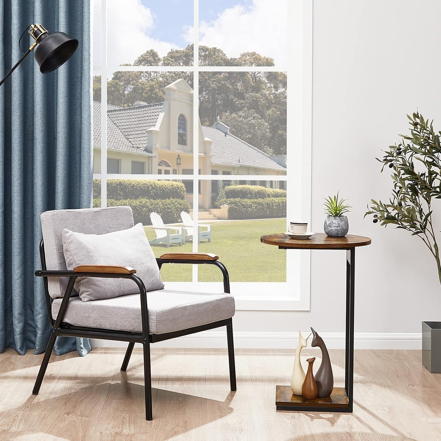 Slim C-Shaped Side Table with Storage Shelf – Industrial Rustic Steel Frame