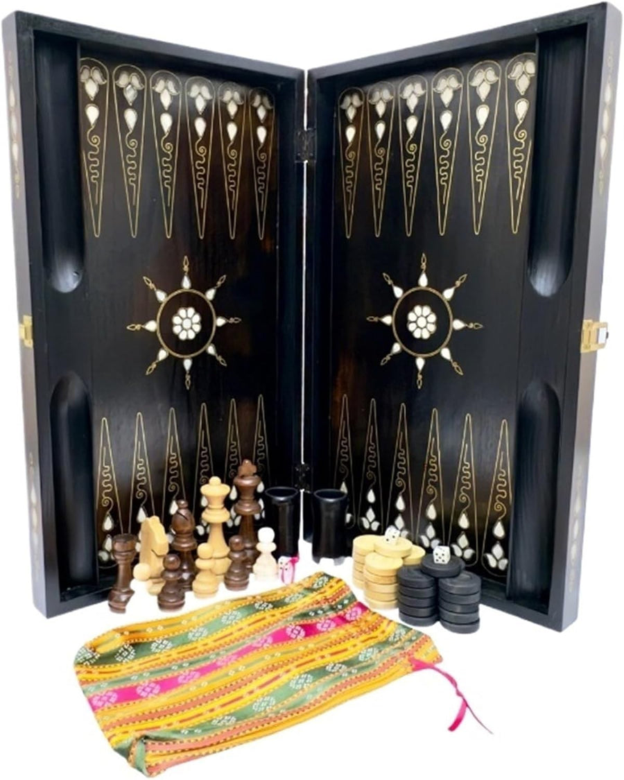 Handmade Wooden Backgammon Set with Checkers Luxury Folding Family Board Game