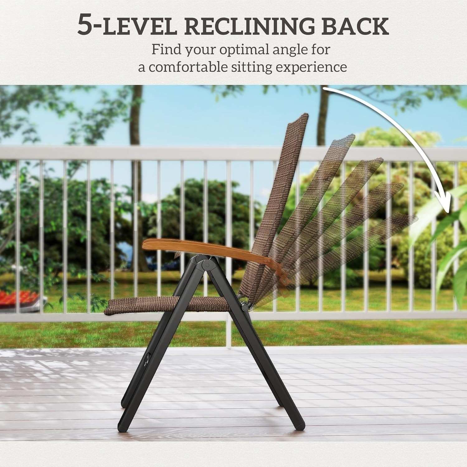 Brown Folding Recliner Garden Chair High Back Rattan Patio Dining Seat