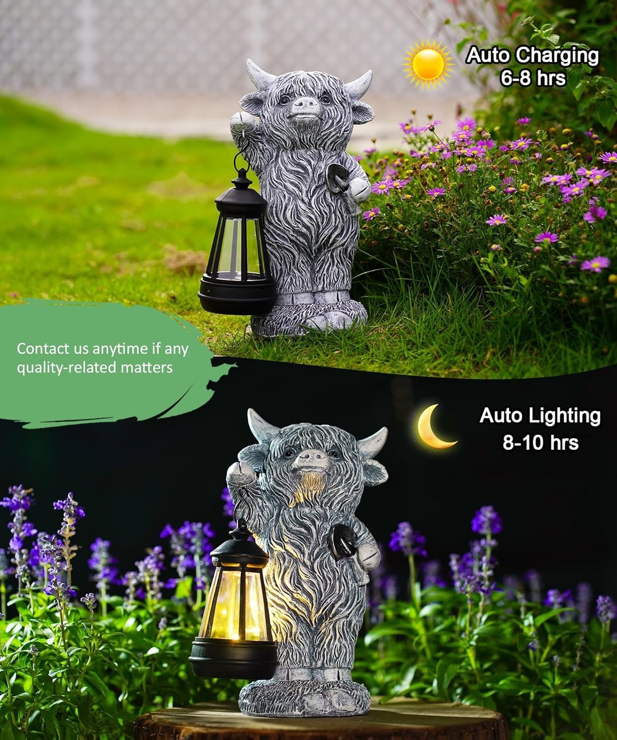 Solar Highland Cow Garden Ornament with Lantern | Outdoor Resin Statue Patio