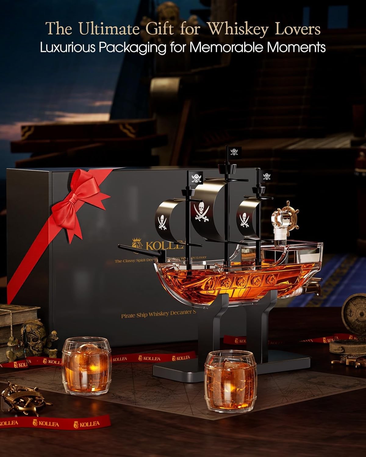 Pirate Ship Whiskey Decanter Set with 2 Glasses | 1L Liquor Dispenser Gift