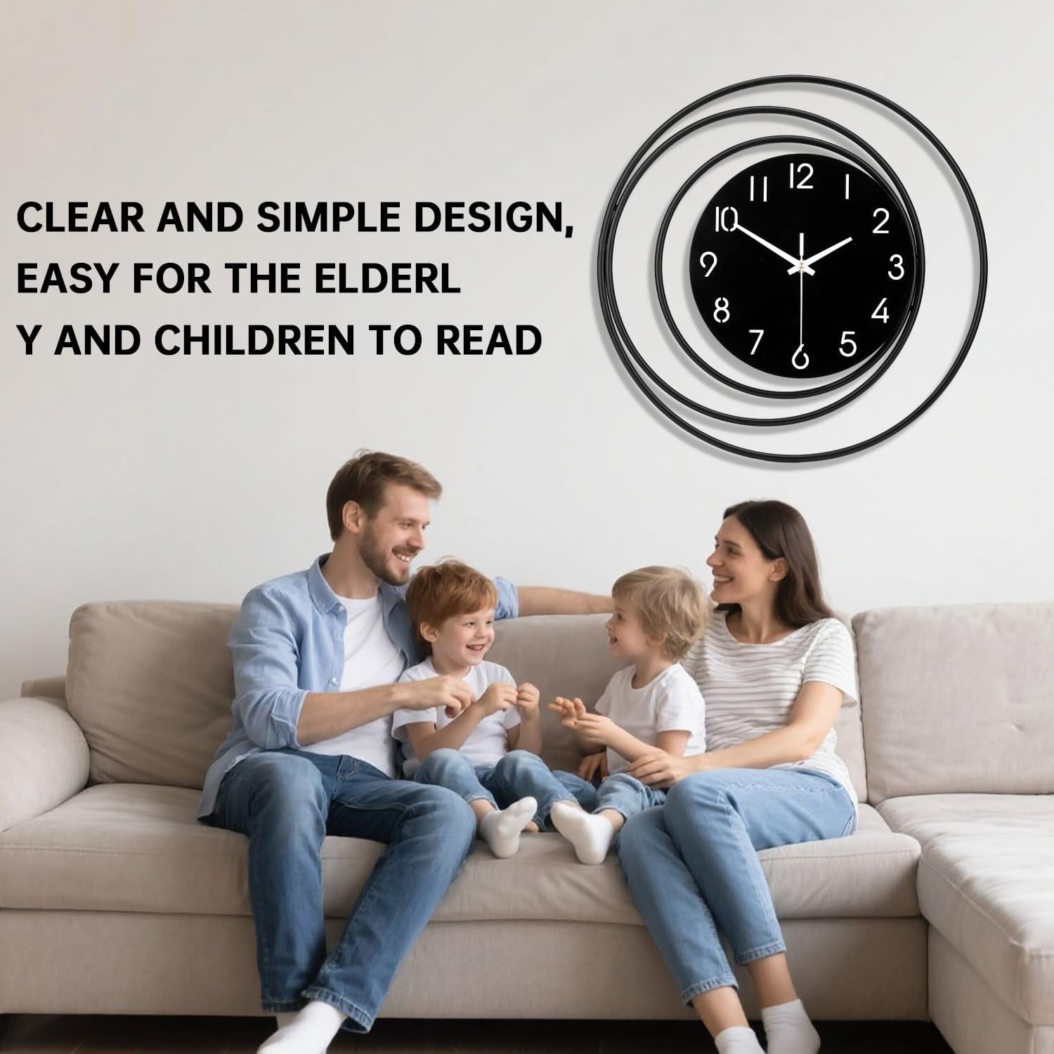 Black Modern Wall Clock 40cm Silent Quartz Large Decorative Home Kitchen