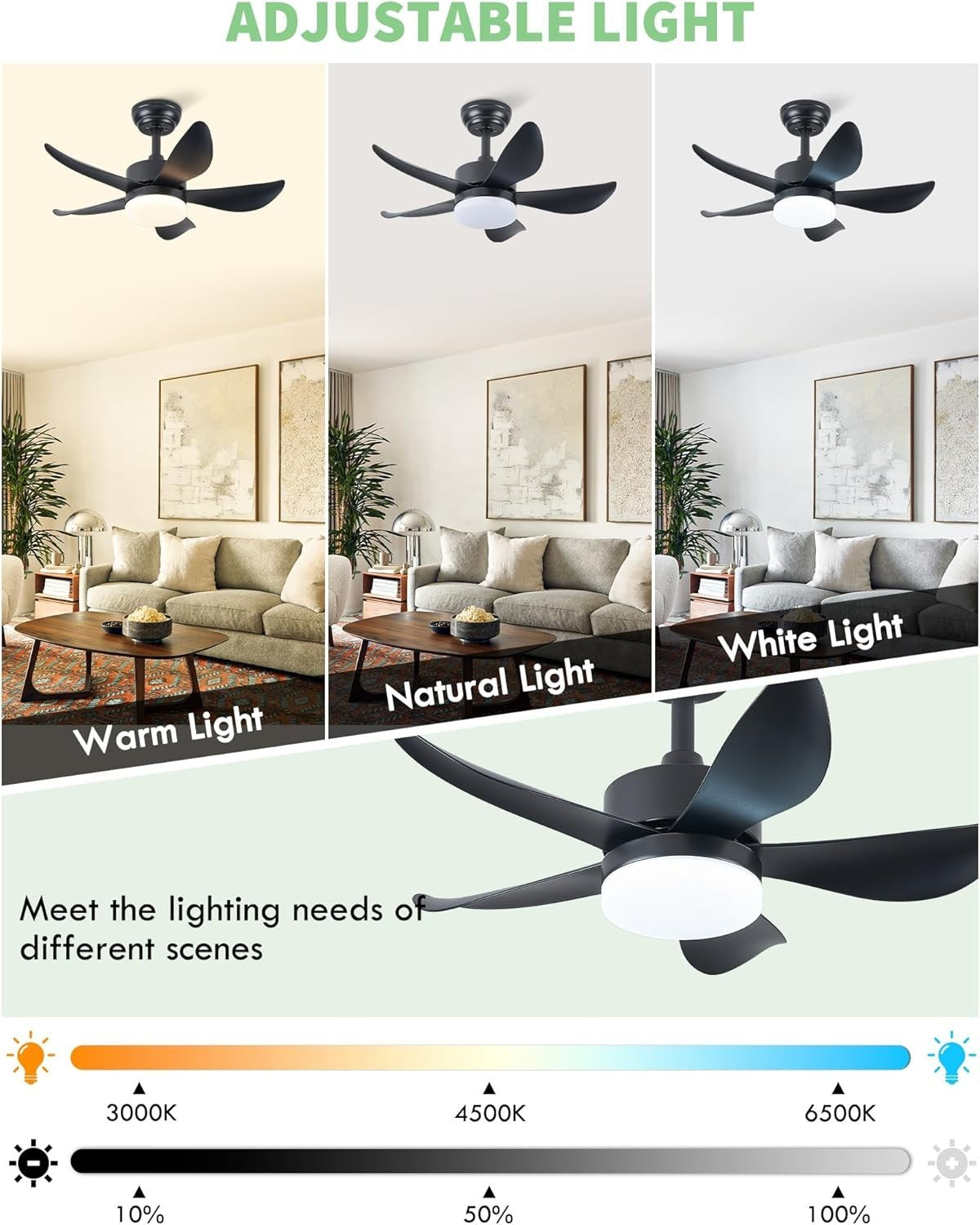 30" Ceiling Fan Light, 6 Speeds, Dimmable LED, Reversible, Quiet Remote Control