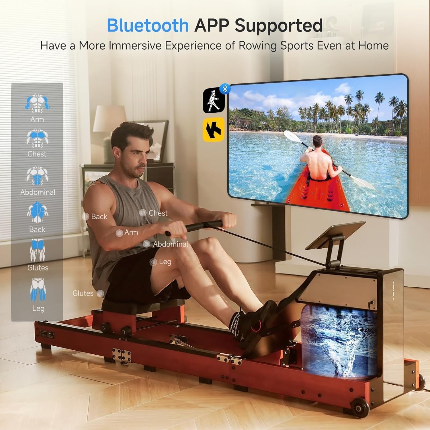 Hybrid Water & Magnetic Rower 5+32 Levels Foldable LED Display 150KG Oak