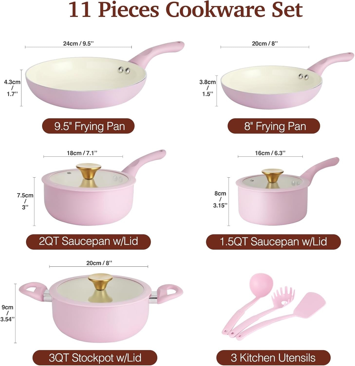 11pcs Pink Non Stick Ceramic Cookwear Set Non Stick Pots & Pans PFOA Free