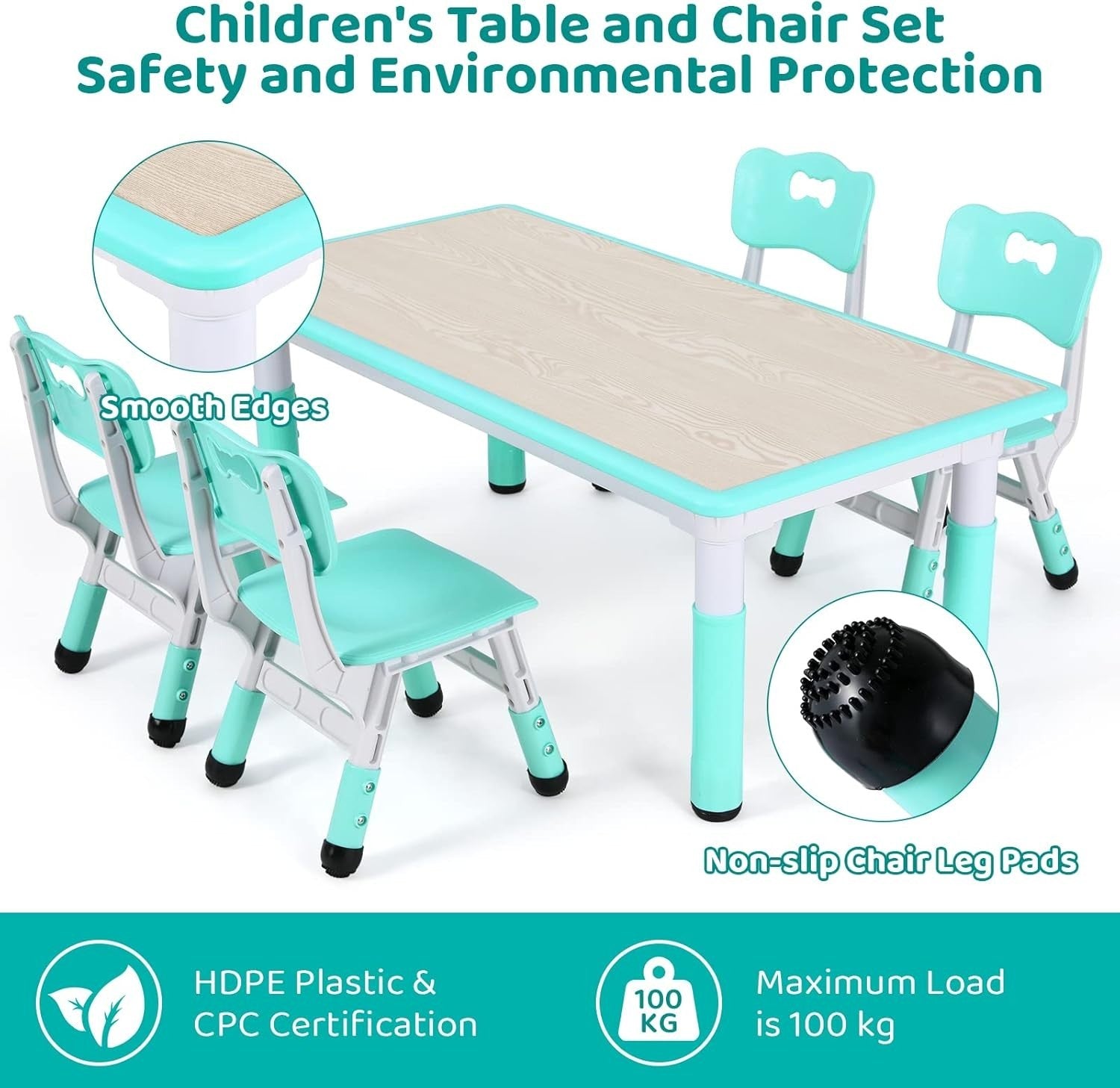 Adjustable Kids Table & 4 Chairs Set Durable Plastic Furniture Mint Green