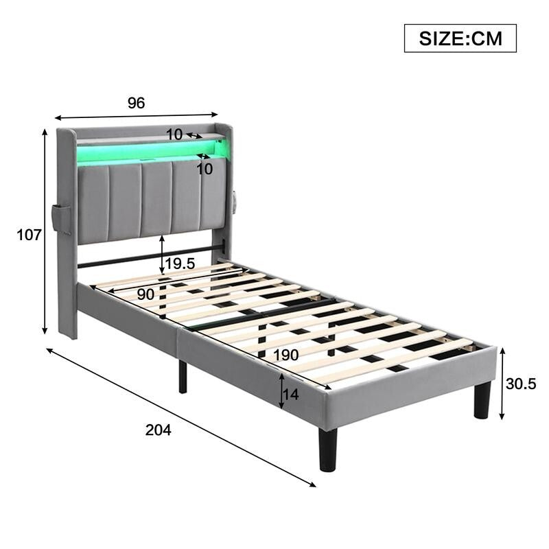 Single Bed 3FT Grey Velvet USB Charging LED Light Storage Bed for Teen Kids