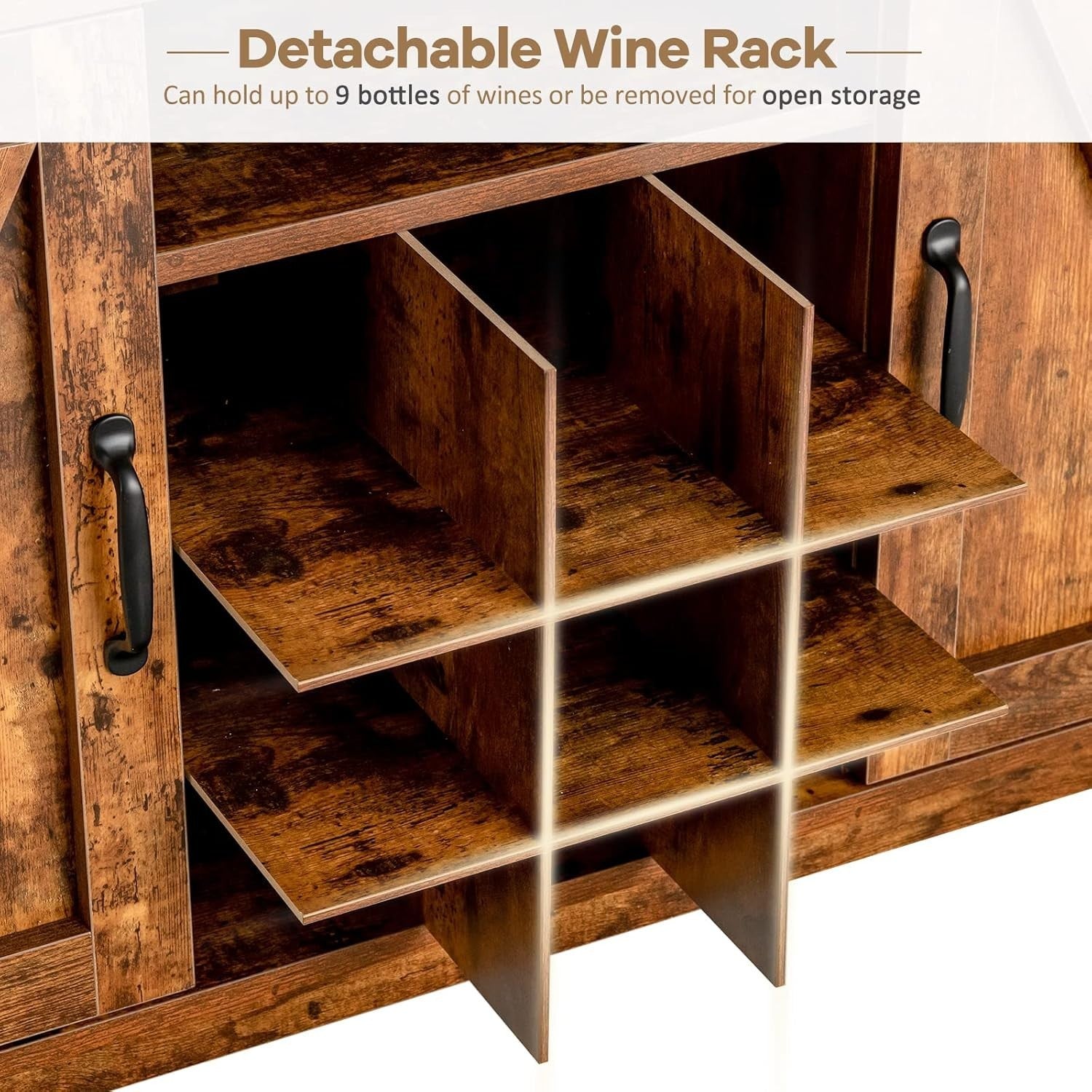 Rustic Buffet Sideboard Drinks Cabinet with 9-Bottle Wine Rack & Adjustable