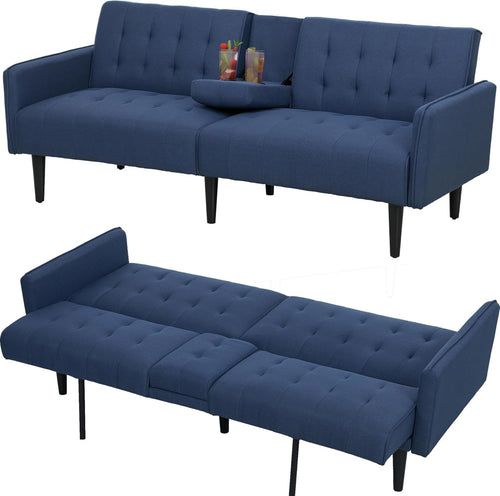 Click Clack Sofa Bed 3 Seater Dark Blue Linen Couch w/ Cup Holders