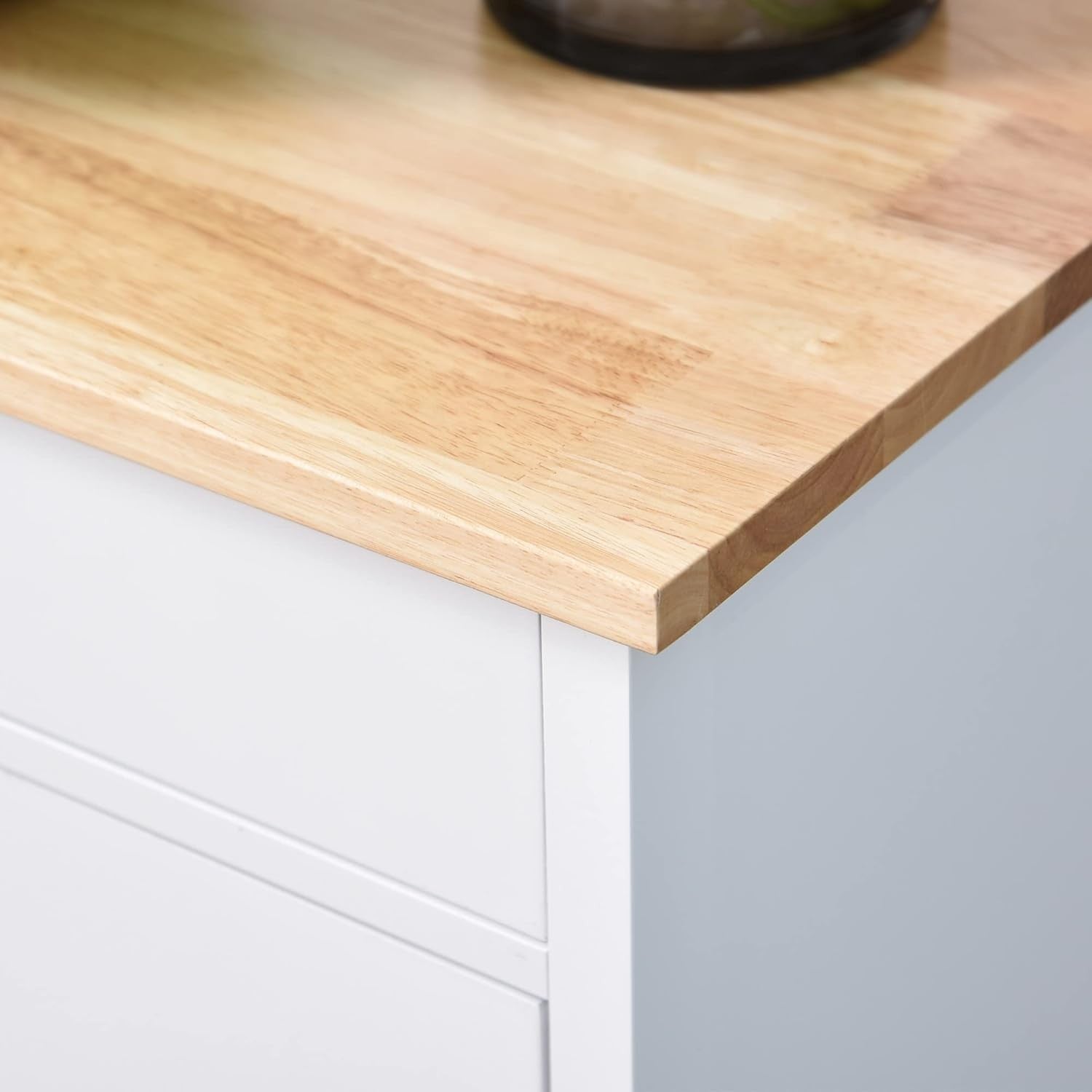 Kitchen Island Trolley on Wheels with Wood Top Cupboard Shelves White