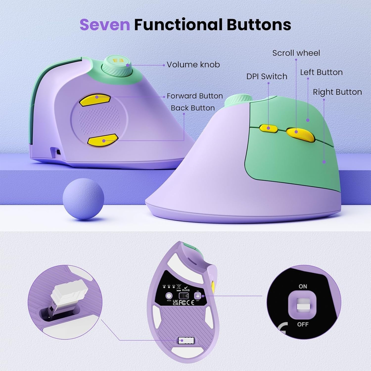 Vertical Ergonomic Wireless Mouse Rechargeable Bluetooth USB Purple