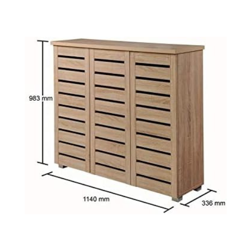 Oak Shoe Cabinet 3 Door 5 Tier Storage Cupboard Unit Modern Slim 114cm