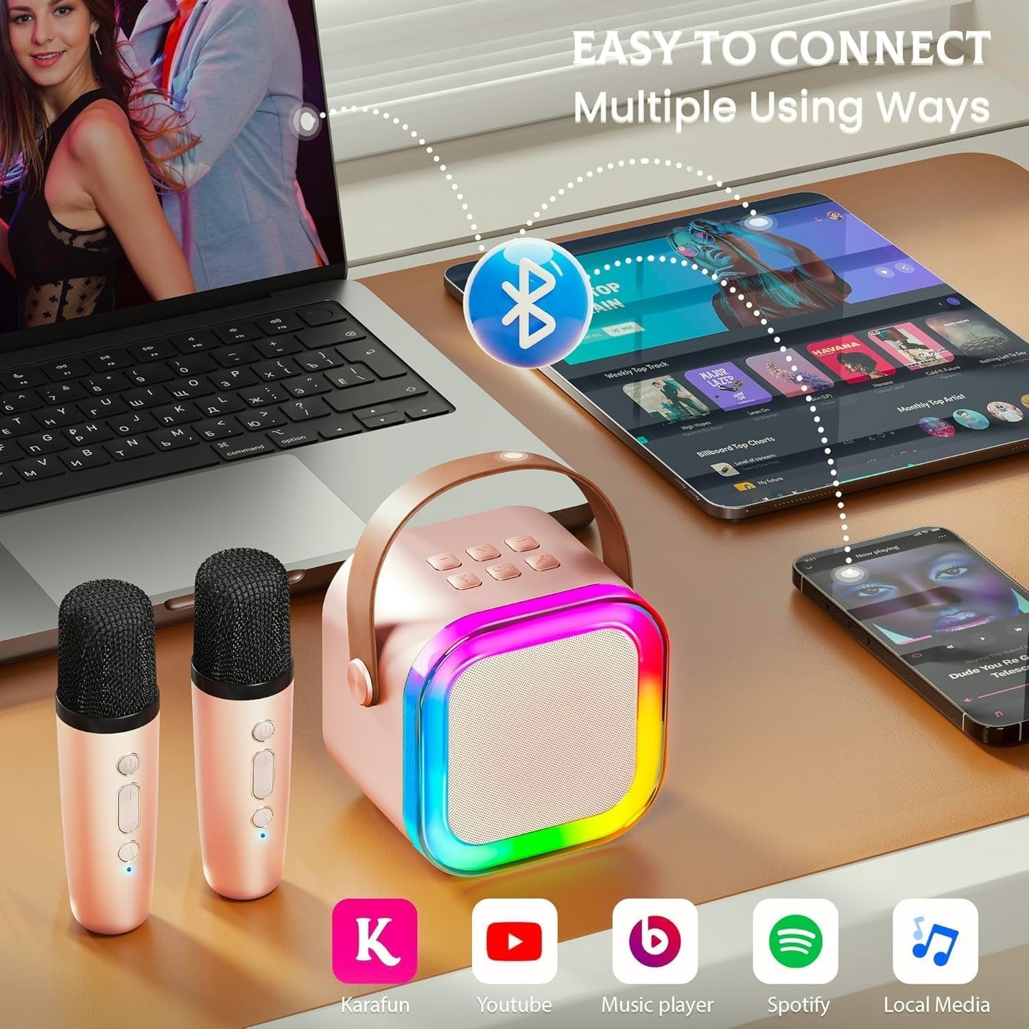 Kids Karaoke Machine with 2 Mics Bluetooth Voice Changer