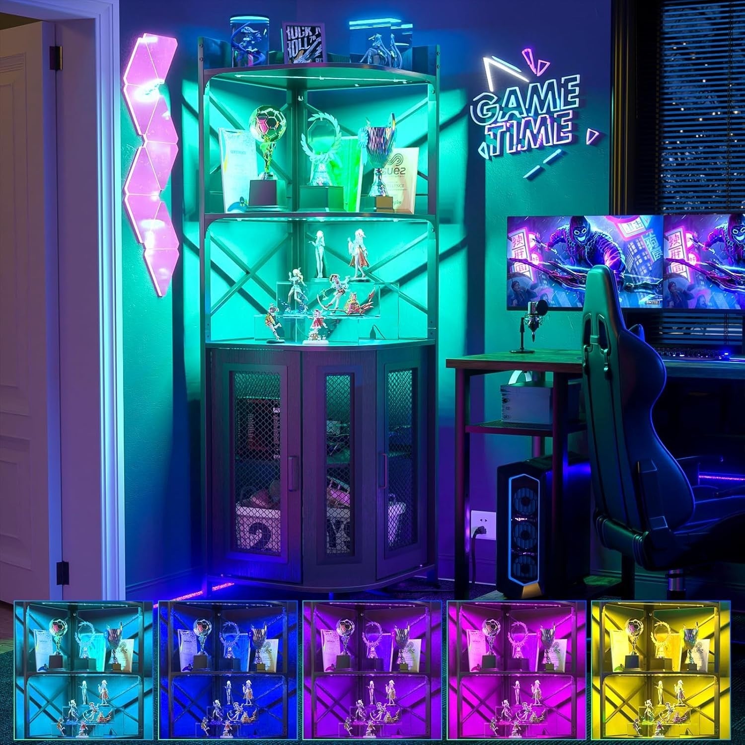 Corner Bar Cabinet with LED Lights & Power Outlets, 5-Tier Liquor Display