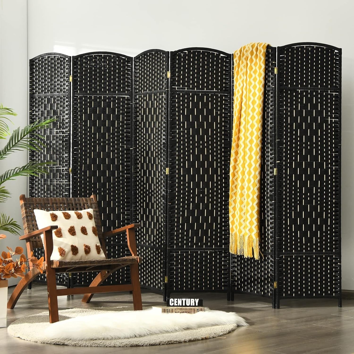 6 Panel Black Wicker Folding Room Divider Privacy Screen for Living Room Office