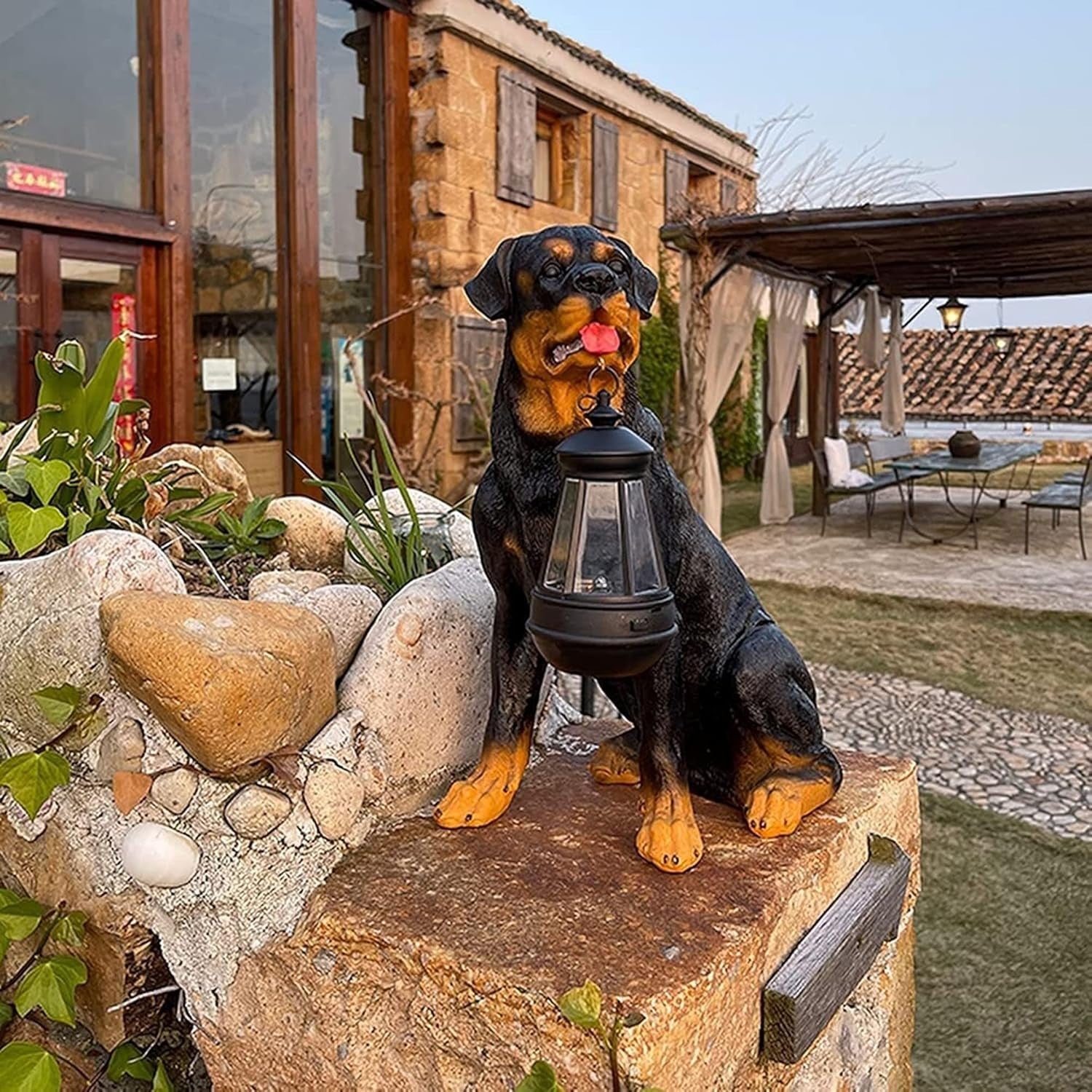 Rottweiler Garden Dog Statue with Solar Lantern Outdoor Resin Ornament